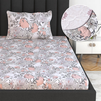 Blue and Grey Floral Print Elastic Fitted Combo Bedsheet For Single Bed