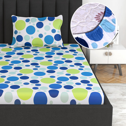 Blue Green Polka Dots Elastic Fitted Bedsheet For Single Bed