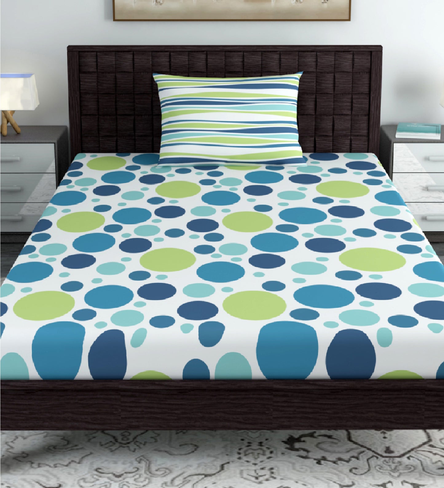Blue Multicolor 144 TC 100% Cotton Polka Dot Bedsheet for Single Bed with 1 Pillow Covers  For Bedroom