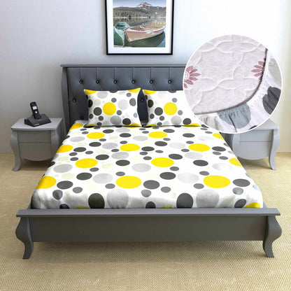 Lemon Verbena 144 TC 100% Cotton Polka Dot Elastic Fitted Bedsheet for Double Bed with 2 Pillow Covers  For Bedroom