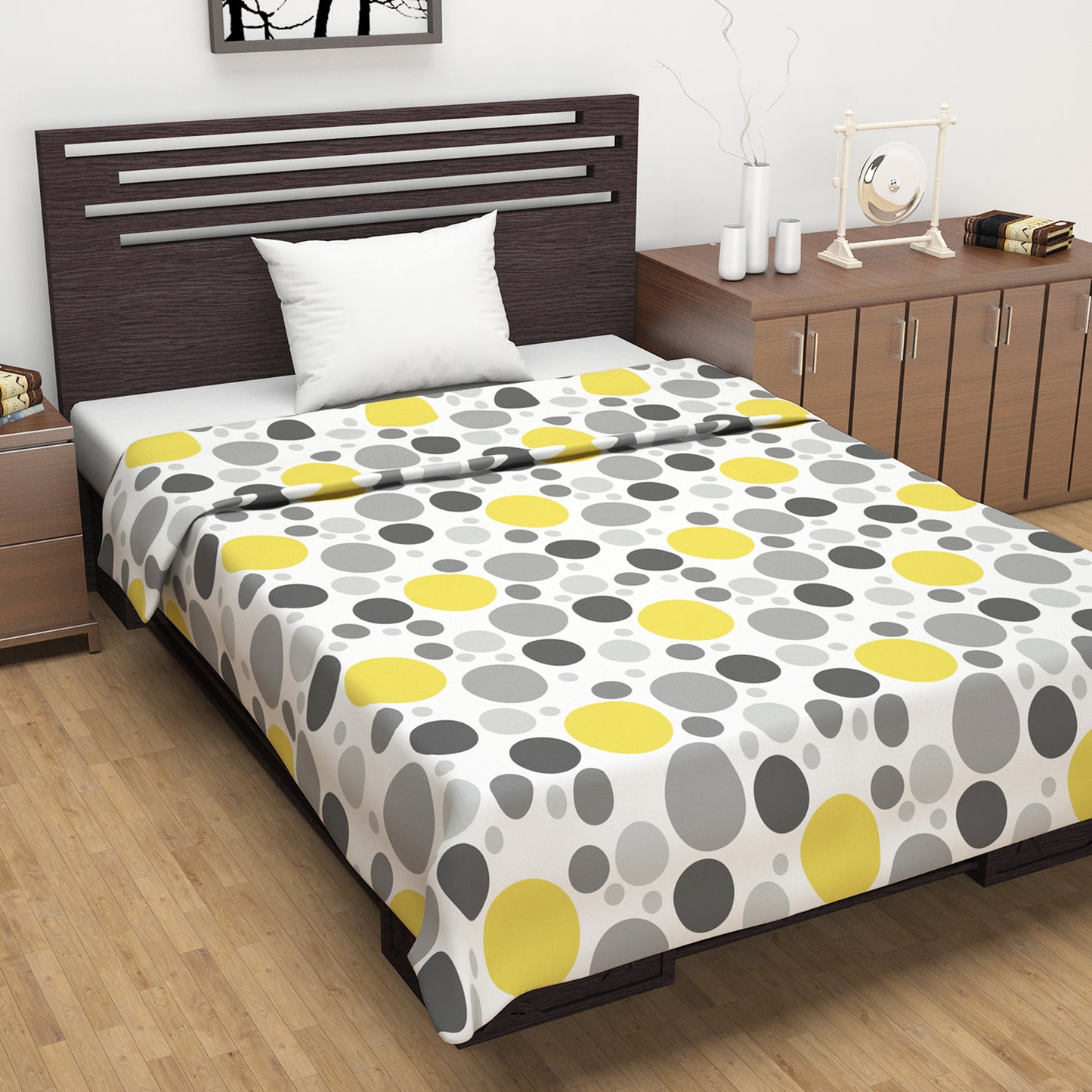 Yellow And Gray 144 TC 100% Cotton Polka Dotted Single Bed AC Blanket Dohar for All Season
