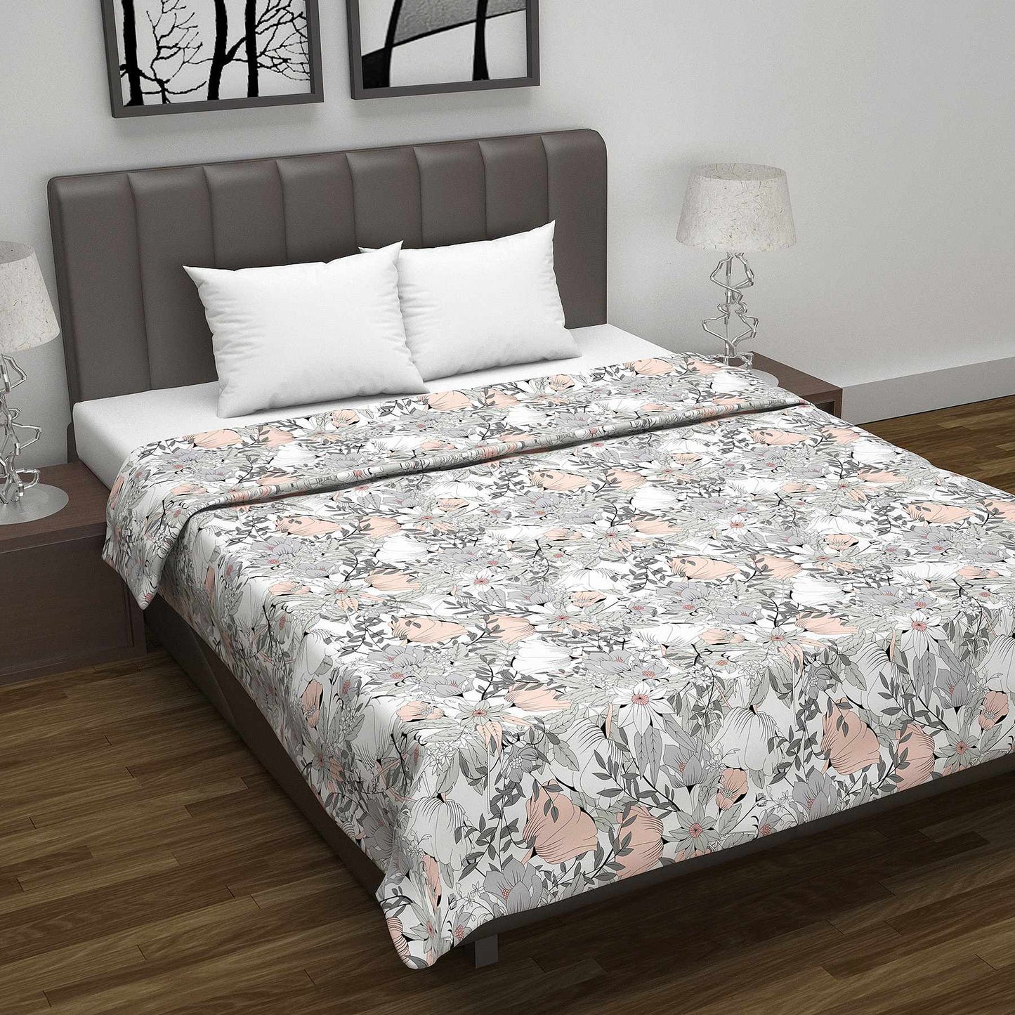 Grey Multicolor 144 TC 100% Cotton Floral Print Double Bed AC Blanket Dohar for All Season