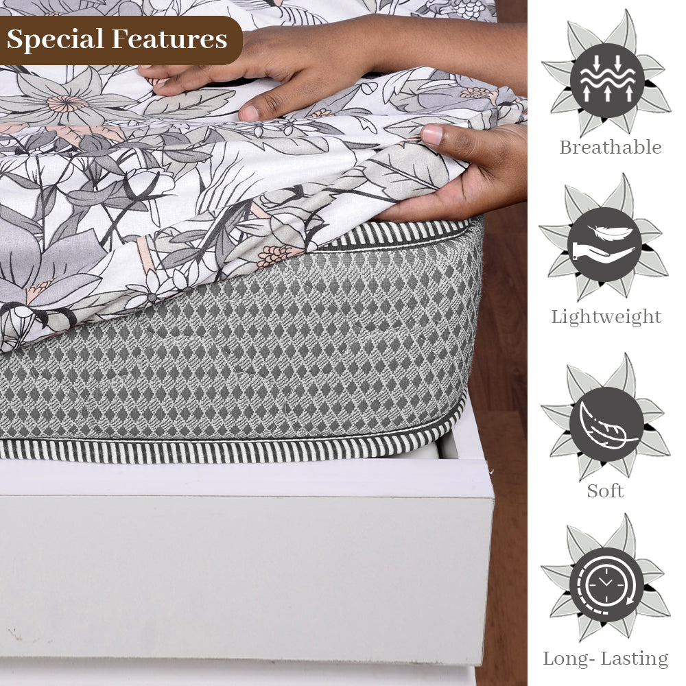 Blush Grey Floral Elastic Fitted Single Bed Bedsheet