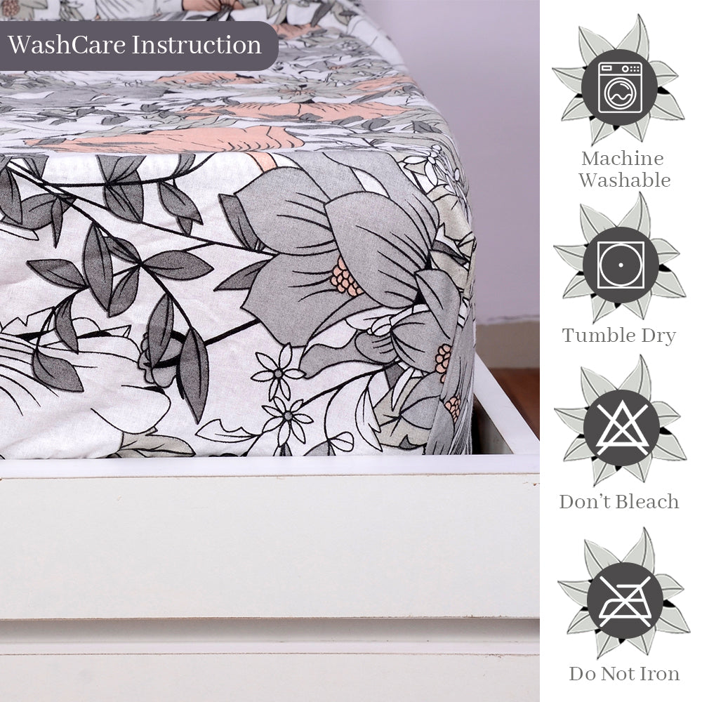 Blush Grey Floral Elastic Fitted Single Bed Bedsheet