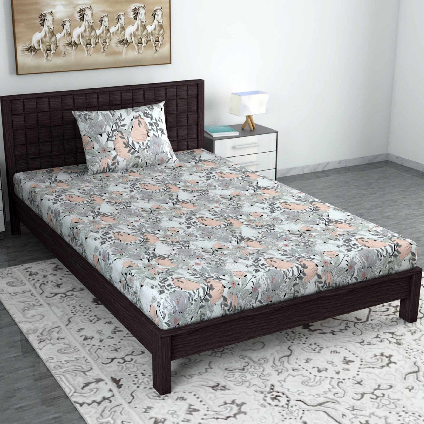 Grey Multicolor 144 TC 100% Cotton Floral Print Single Bedsheet with 1 Pillow Covers  For Bedroom