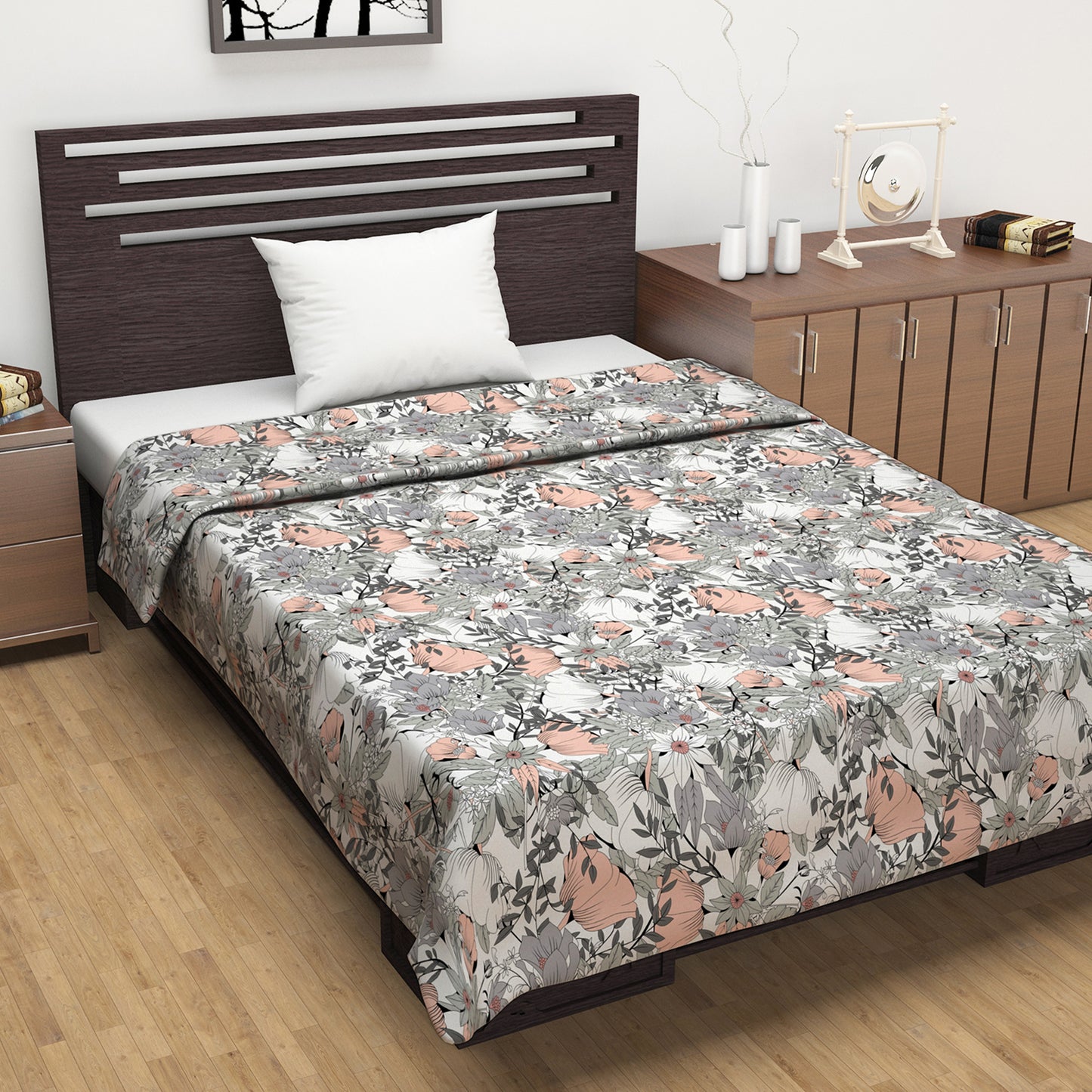Grey And Pista 144 TC 100% Cotton Floral Single Bed AC Blanket Dohar for All Season