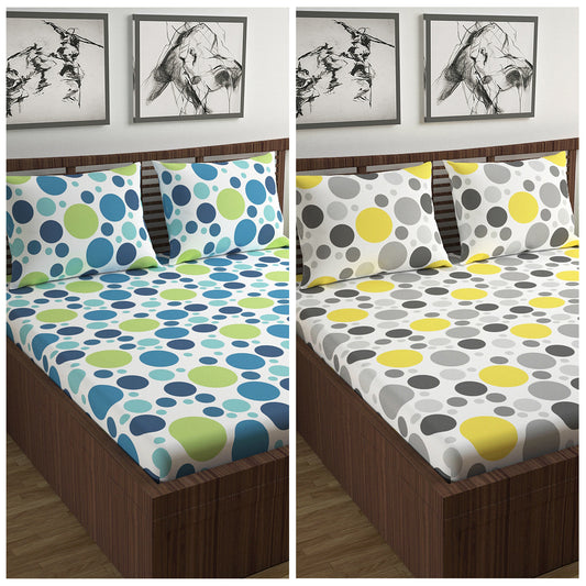 Blue and Yellow Polka Dots Elastic Fitted Combo Bedsheet For Double Bed