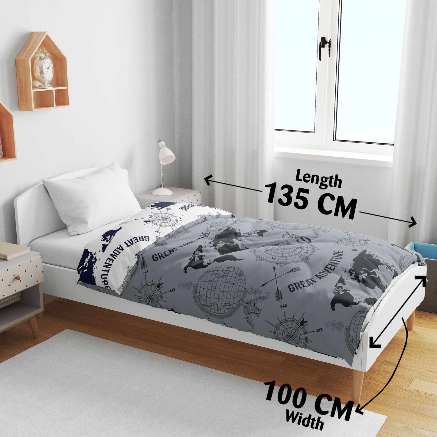 Grey and White 120 GSM Microfiber Geography Pattern Baby Single Bed AC Blanket Dohar for Kids