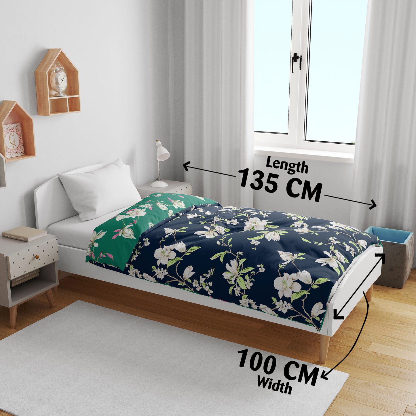Green & Navy Blue Floral Kids Single Bed Dohar – 120 GSM Microfiber