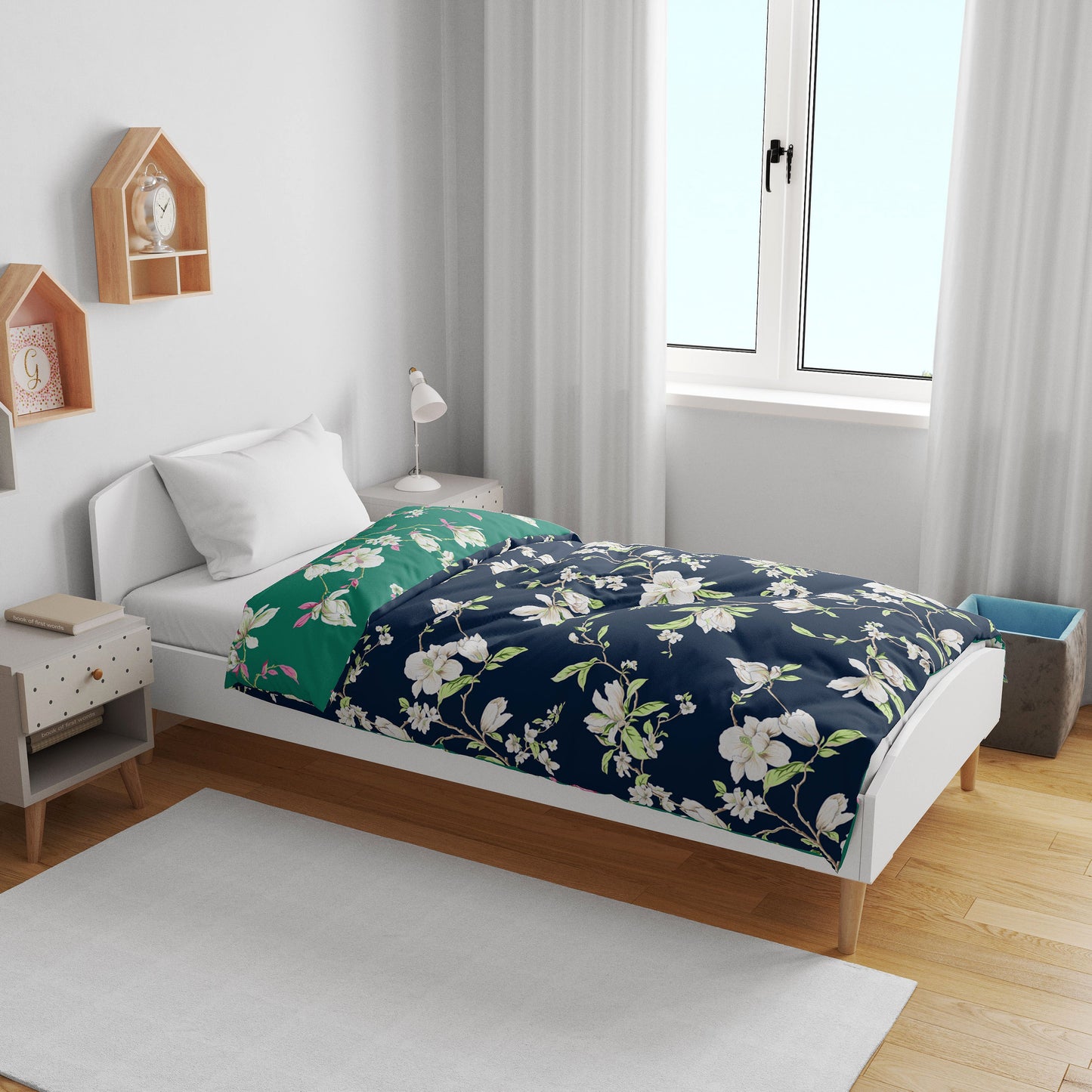 Green & Navy Blue Floral Kids Single Bed Dohar – 120 GSM Microfiber