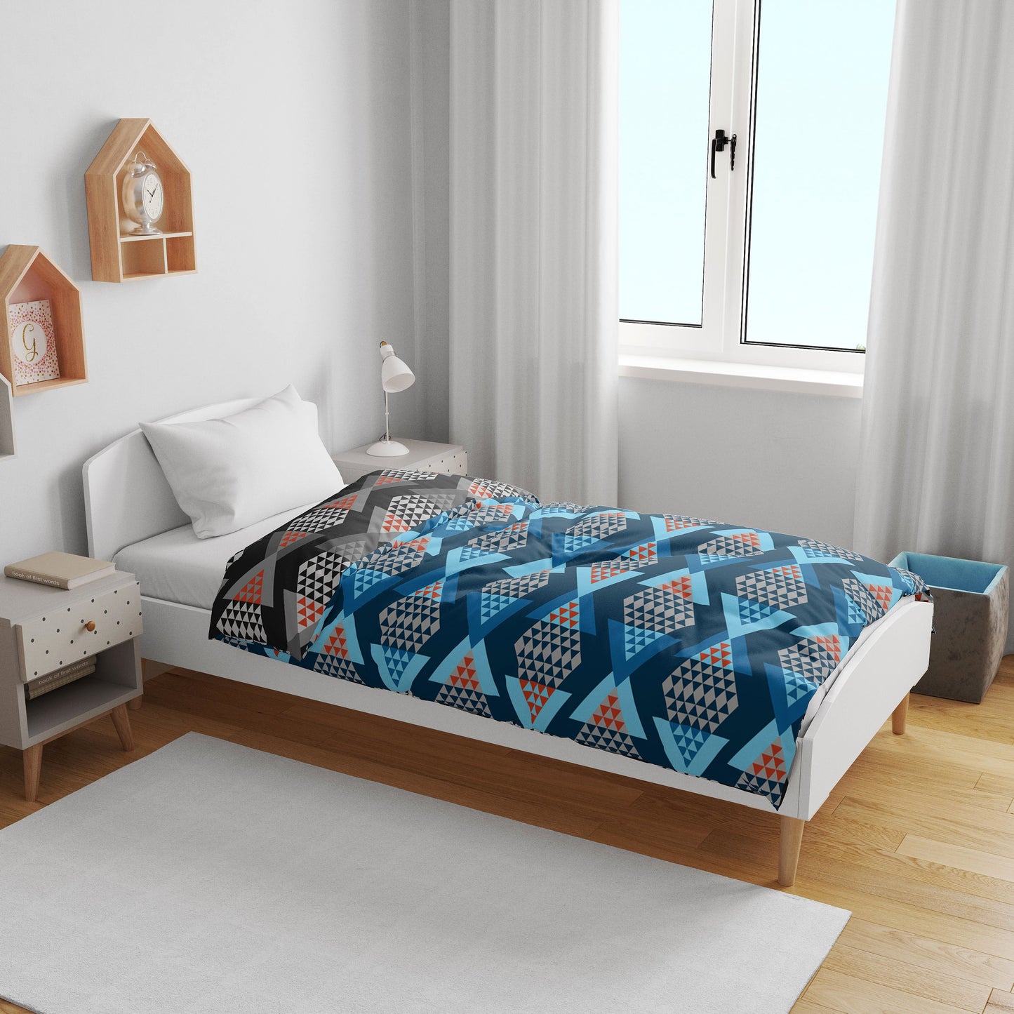 Blue & Grey Geometric Single Kids Bed Dohar - 120 GSM Microfiber