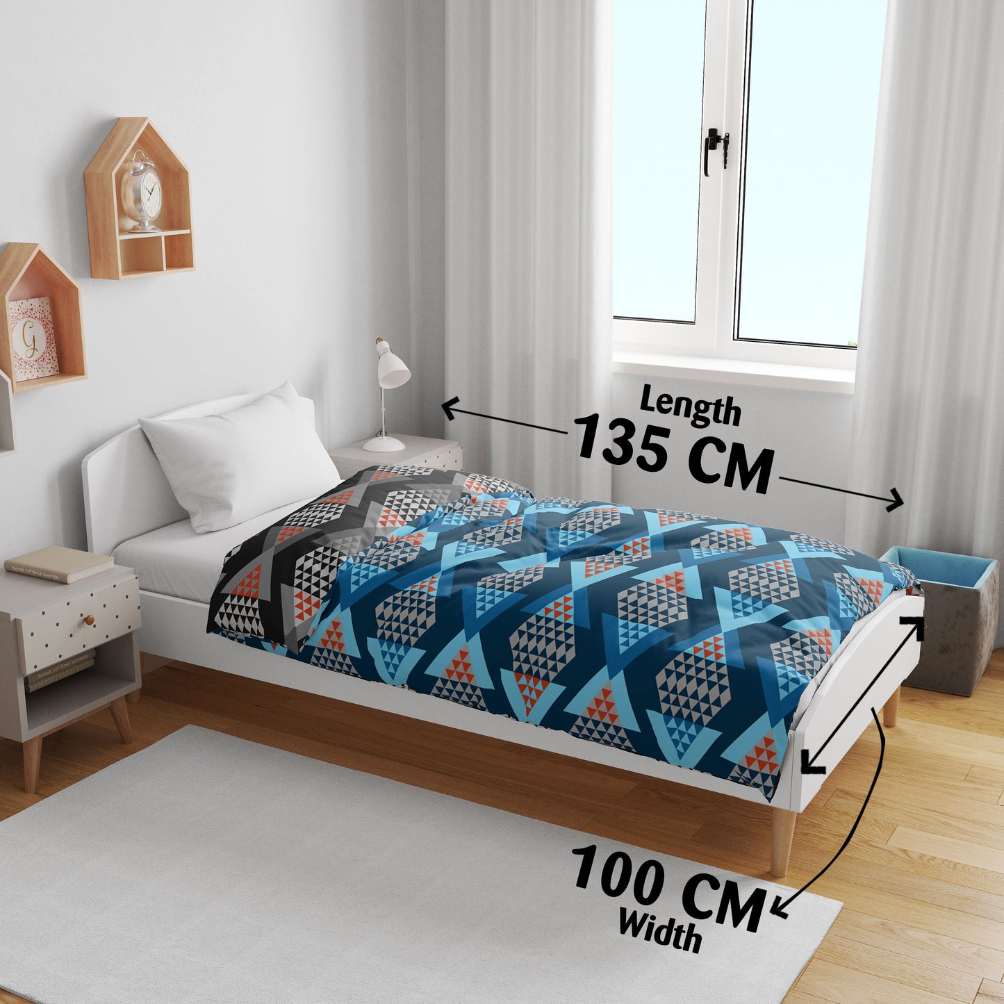 Blue & Grey Geometric Single Kids Bed Dohar - 120 GSM Microfiber