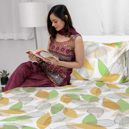 Green Leaf 160 TC 100% Pure Cotton Floral Print Double Bed Sheet With 2 Pillow Covers for Bedroom