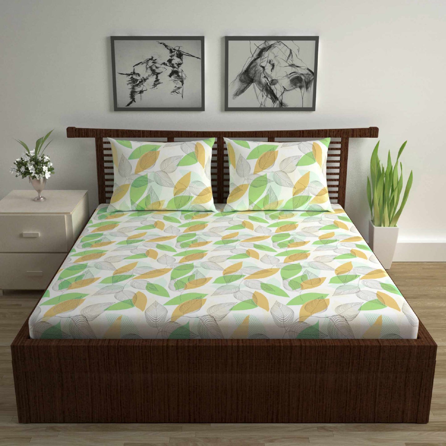 Green Leaf Floral Print Bedsheet For Double Bed