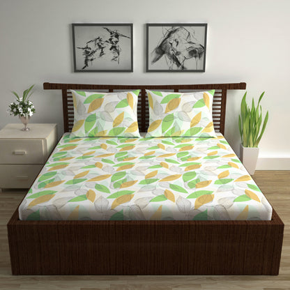 Green Leaf Floral Print Bedsheet For Double Bed
