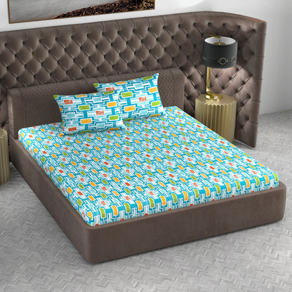 Oxford Blue Abstract 144 TC Polycotton Double Bedsheet With 2 Pillowcovers