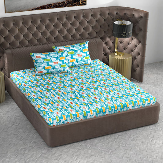 Oxford Blue Abstract 144 TC Polycotton Double Bedsheet With 2 Pillowcovers