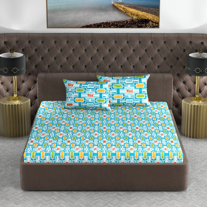 Oxford Blue Abstract 144 TC Polycotton Double Bedsheet With 2 Pillowcovers