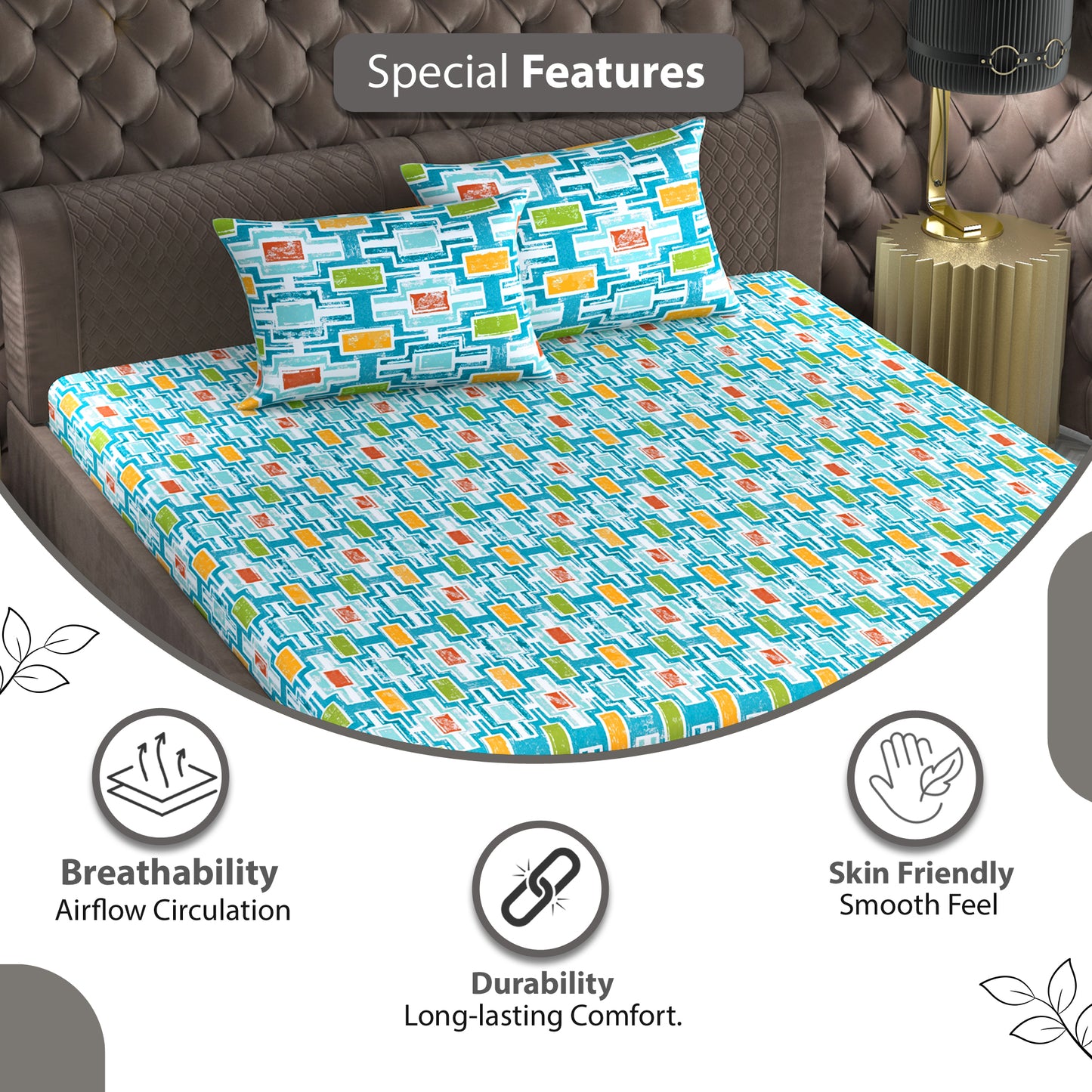 Oxford Blue Abstract 144 TC Polycotton Double Bedsheet With 2 Pillowcovers