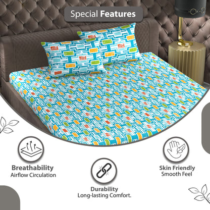 Oxford Blue Abstract 144 TC Polycotton Double Bedsheet With 2 Pillowcovers