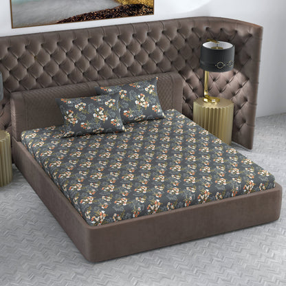 Graphite Shade Floral 144 TC Cotton Double Bedsheet With 2 Pillowcovers