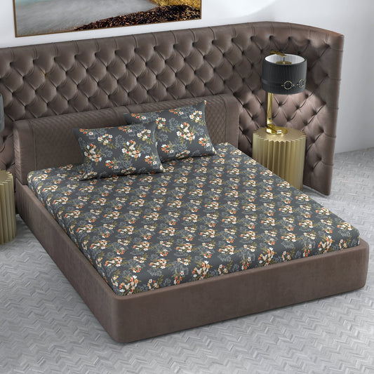 Graphite Shade Floral 144 TC Cotton Double Bedsheet With 2 Pillowcovers