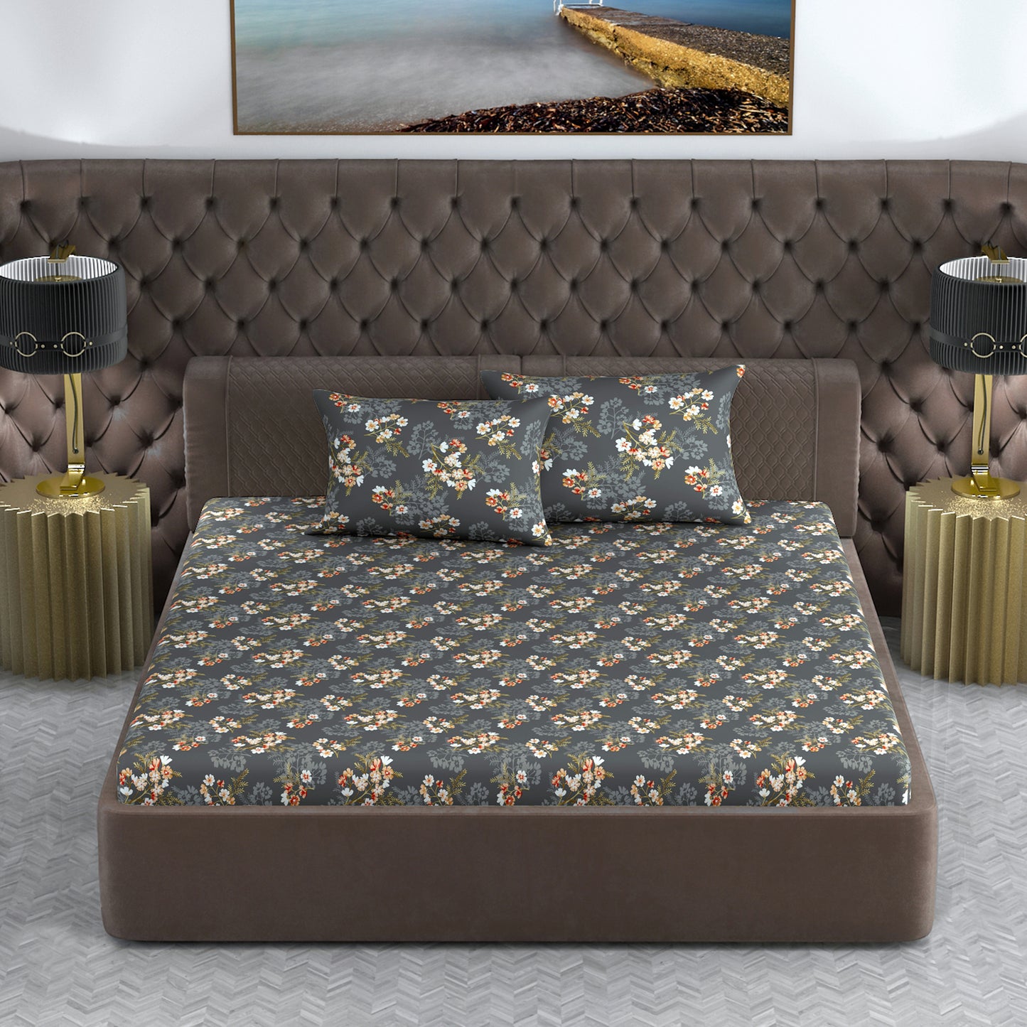 Graphite Shade Floral 144 TC Cotton Double Bedsheet With 2 Pillowcovers