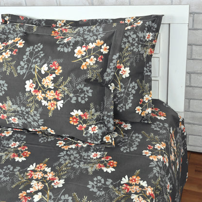 Graphite Shade Floral 144 TC Cotton Double Bedsheet With 2 Pillowcovers