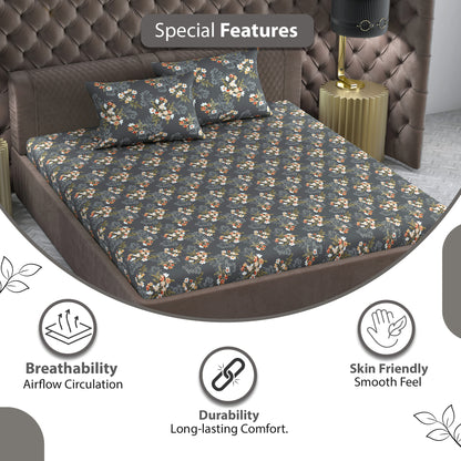 Graphite Shade Floral 144 TC Cotton Double Bedsheet With 2 Pillowcovers