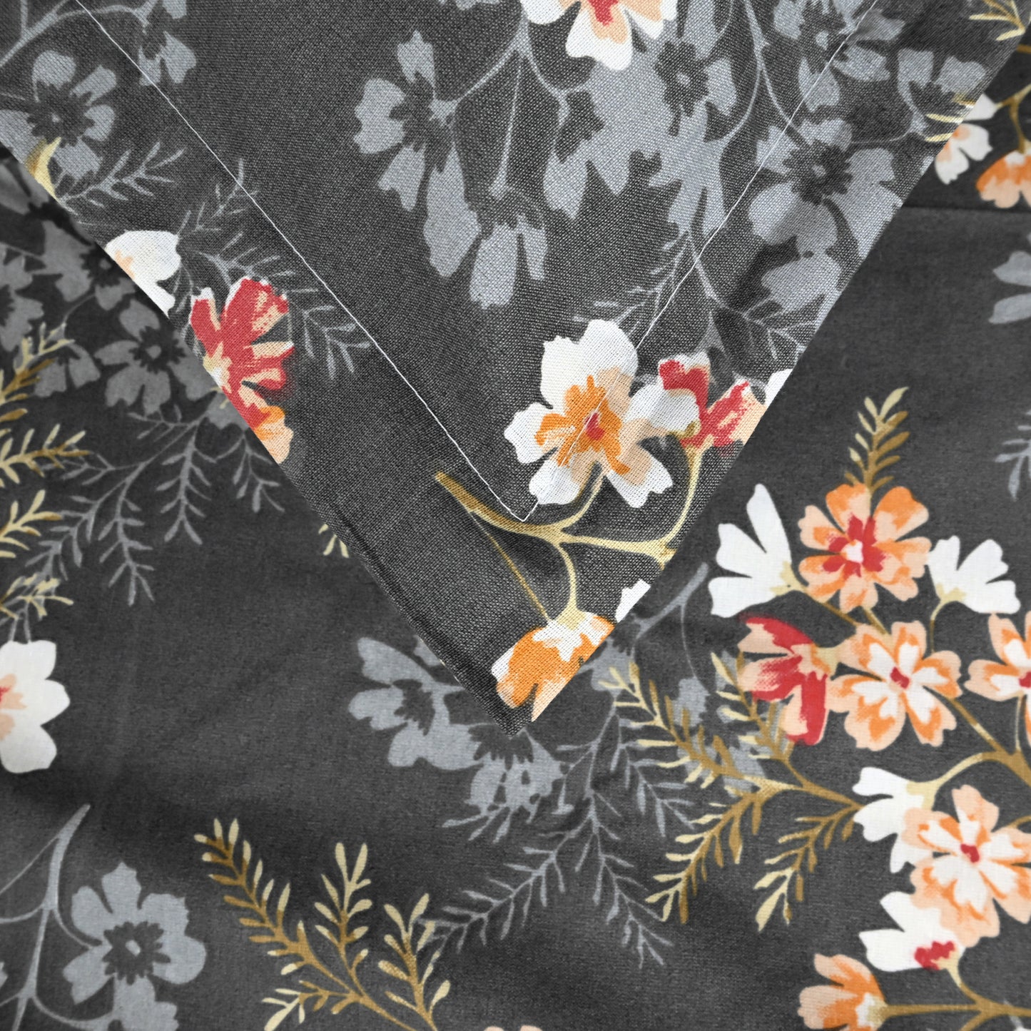Graphite Shade Floral 144 TC Cotton Double Bedsheet With 2 Pillowcovers