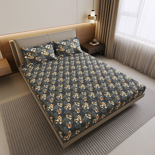 Graphite Shade Floral 144 TC Cotton Double Bedsheet With 2 Pillowcovers