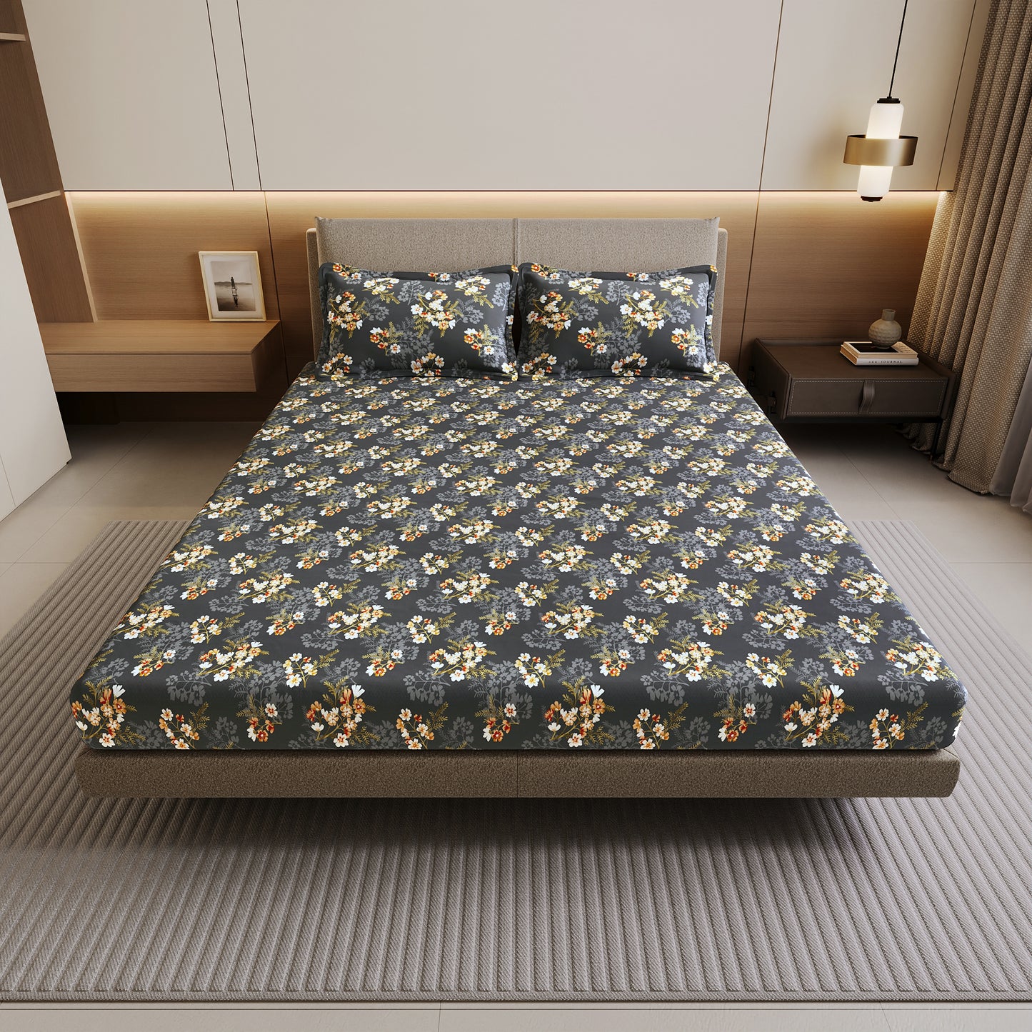 Graphite Shade Floral 144 TC Cotton Double Bedsheet With 2 Pillowcovers