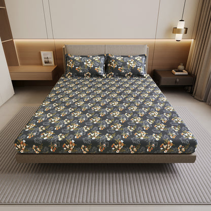 Graphite Shade Floral 144 TC Cotton Double Bedsheet With 2 Pillowcovers
