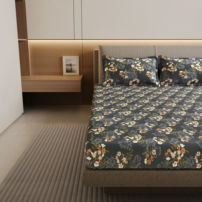 Graphite Shade Floral 144 TC Cotton Double Bedsheet With 2 Pillowcovers