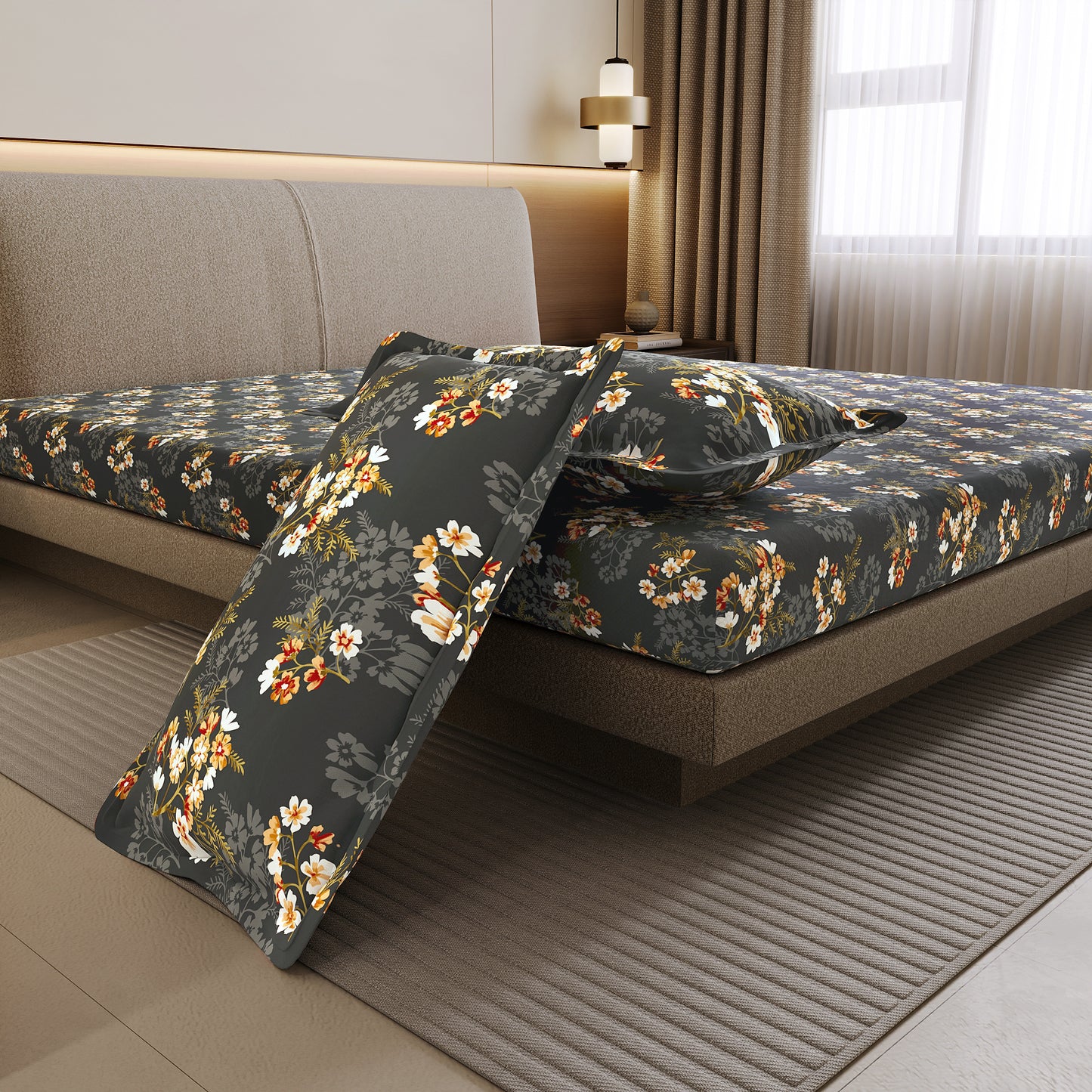 Graphite Shade Floral 144 TC Cotton Double Bedsheet With 2 Pillowcovers