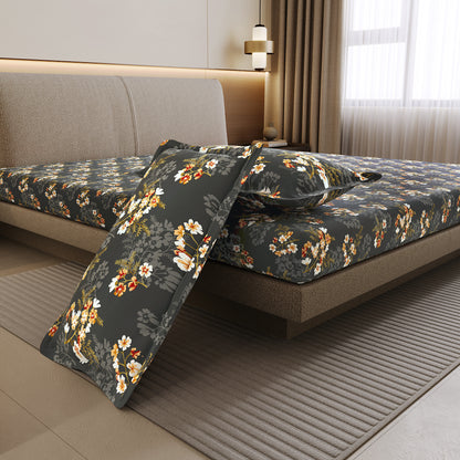 Graphite Shade Floral 144 TC Cotton Double Bedsheet With 2 Pillowcovers