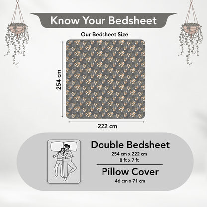 Graphite Shade Floral 144 TC Cotton Double Bedsheet With 2 Pillowcovers
