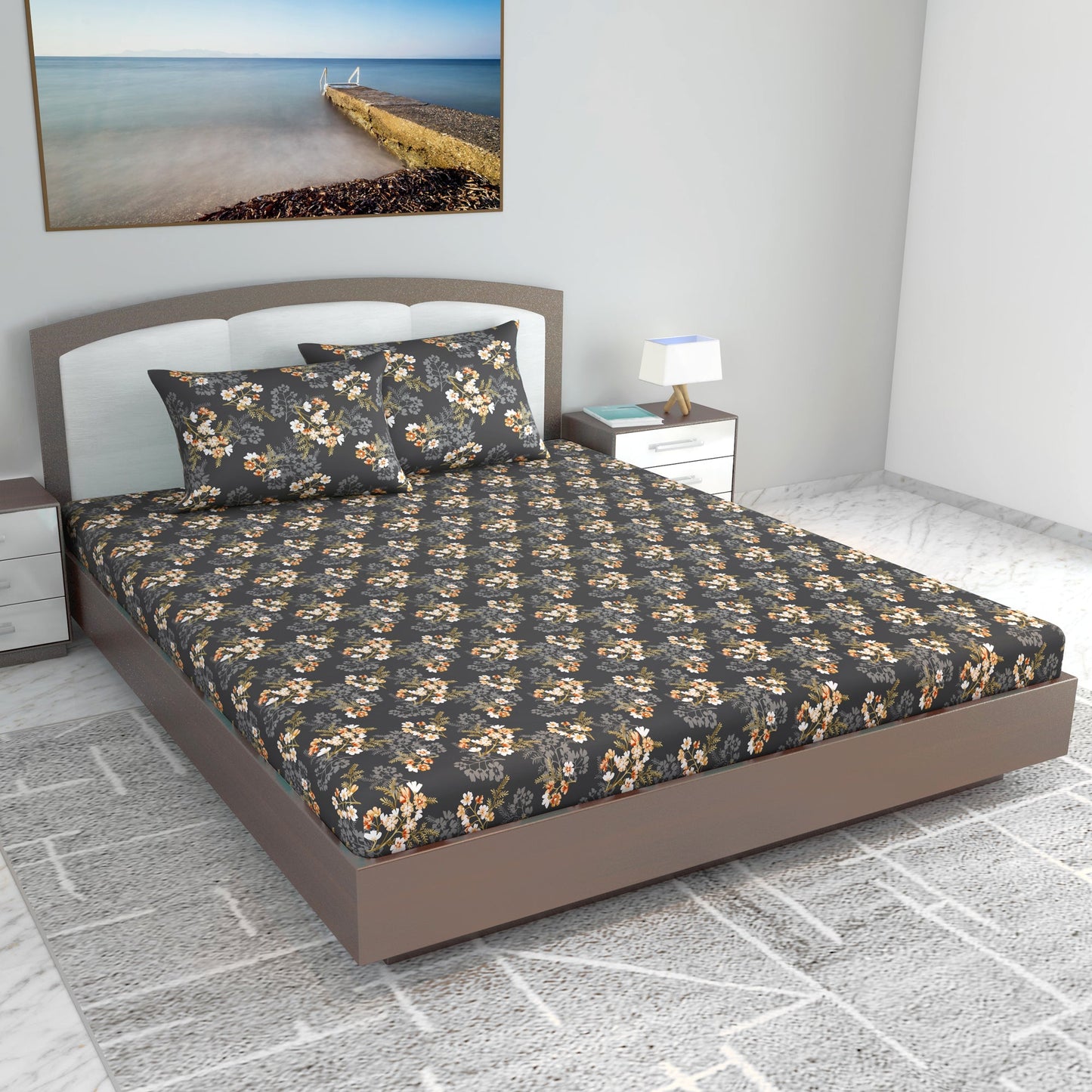 Graphite Shade Floral 144 TC Cotton King Bedsheet With 2 Pillowcovers