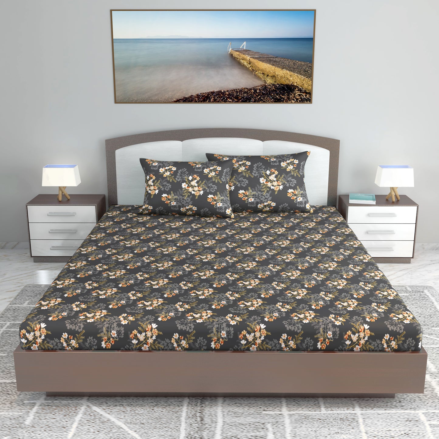 Graphite Shade Floral 144 TC Cotton King Bedsheet With 2 Pillowcovers