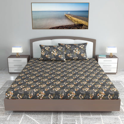Graphite Shade Floral 144 TC Cotton King Bedsheet With 2 Pillowcovers