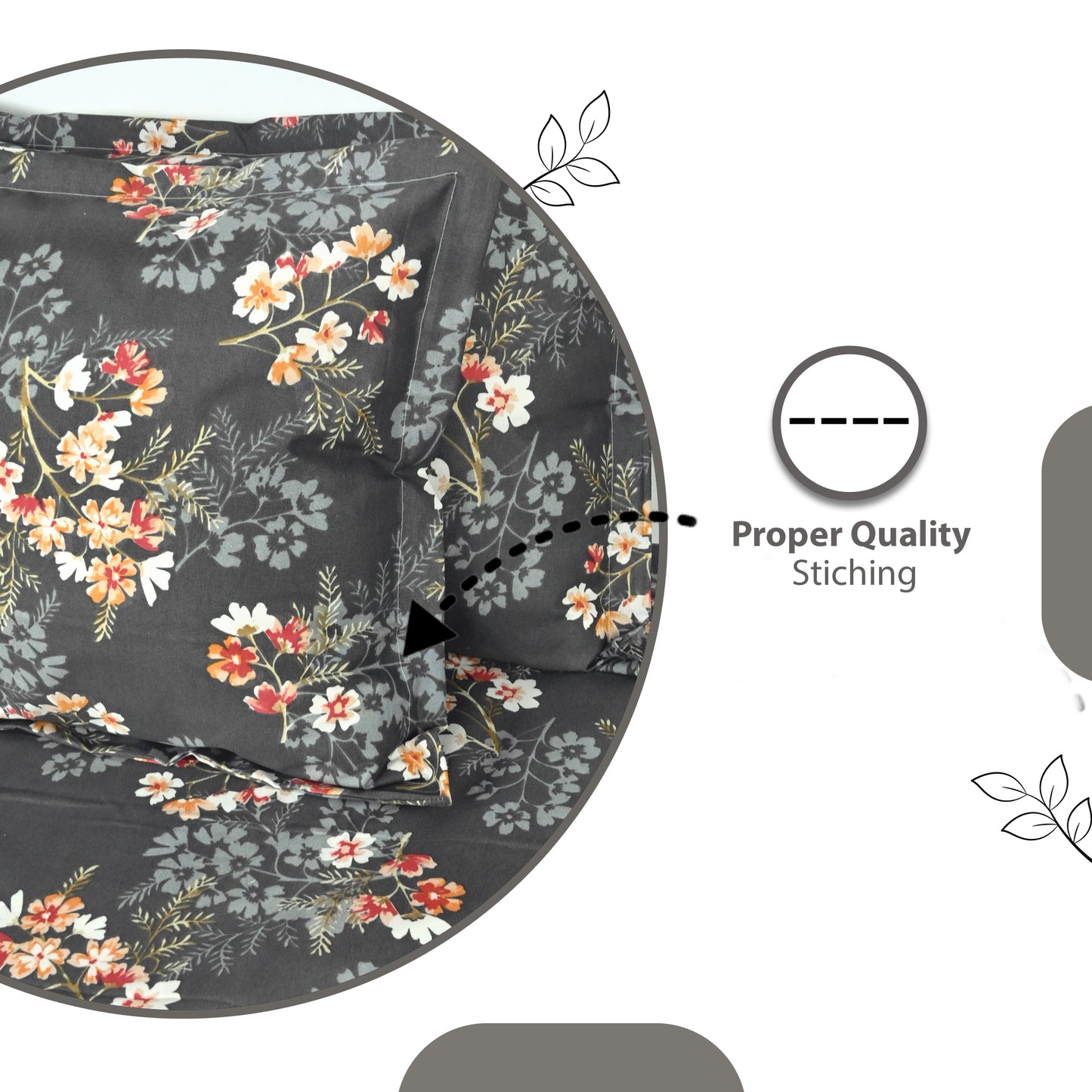 Graphite Shade Floral 144 TC Cotton King Bedsheet With 2 Pillowcovers