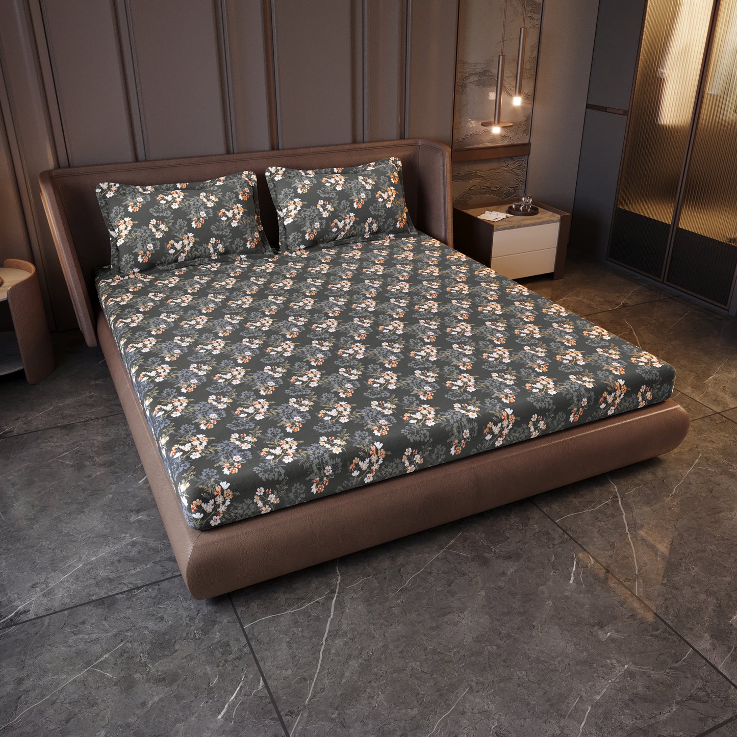 Graphite Shade Floral 144 TC Cotton King Bedsheet With 2 Pillowcovers