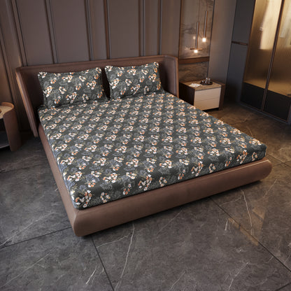 Graphite Shade Floral 144 TC Cotton King Bedsheet With 2 Pillowcovers