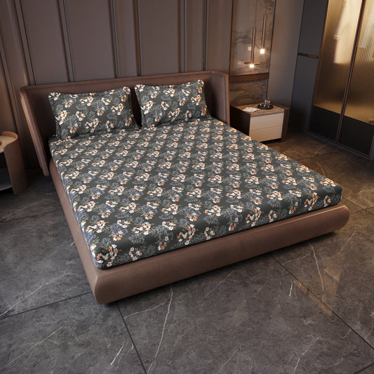 Graphite Shade Floral 144 TC Cotton King Bedsheet With 2 Pillowcovers