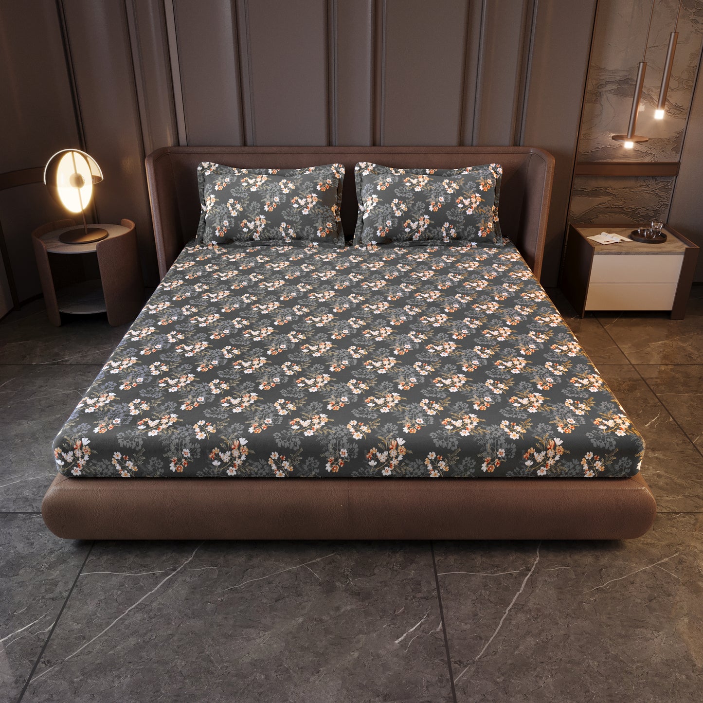 Graphite Shade Floral 144 TC Cotton King Bedsheet With 2 Pillowcovers