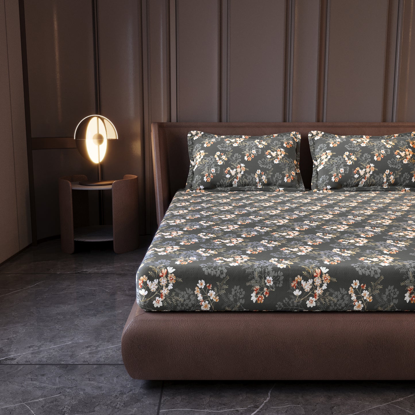 Graphite Shade Floral 144 TC Cotton King Bedsheet With 2 Pillowcovers