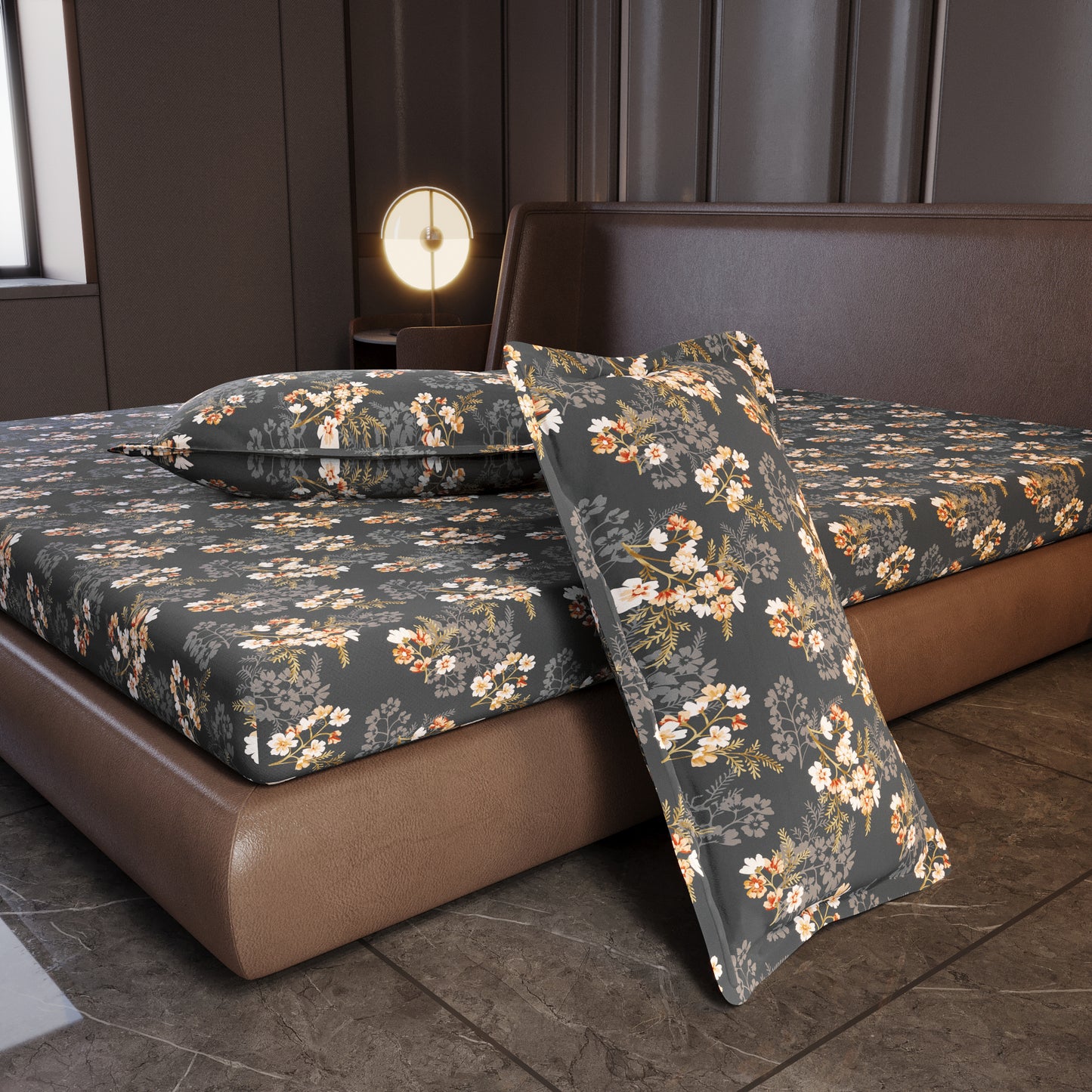 Graphite Shade Floral 144 TC Cotton King Bedsheet With 2 Pillowcovers