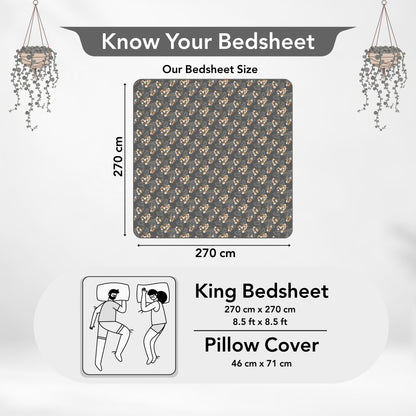 Graphite Shade Floral 144 TC Cotton King Bedsheet With 2 Pillowcovers