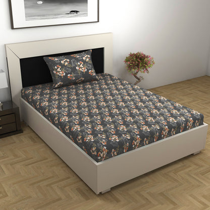 Graphite Shade Floral 144 TC Cotton Single Bedsheet With 1 Pillowcover