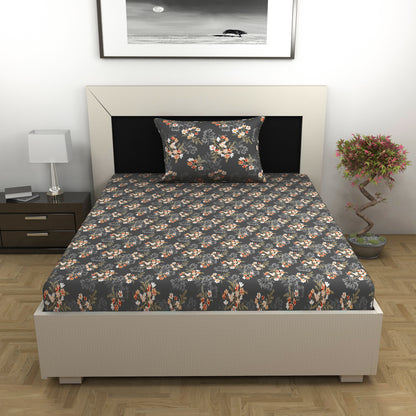 Graphite Shade Floral 144 TC Cotton Single Bedsheet With 1 Pillowcover